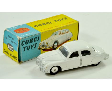 Corgi No. 208 Jaguar 2.4 Litre Saloon. Issue with off-white body, silver trim and flat spun hubs. Generally good to very good