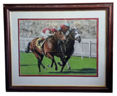 Horse Racing print by N.W.BUNYEE signed by artist in pencil 35x29 inch approx. Framed with glass. Good condition Est.