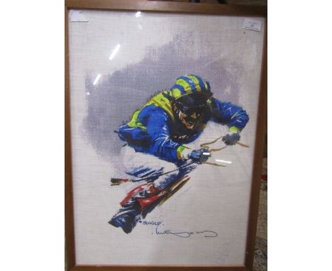 After D. Trundley print on material horse racing jockey with signature bottom right 63x46 framed and glazed
