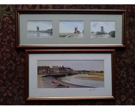 Andrew Dibben 'Blakeney, Norfolk' print and a trio of Ron Brooks Cley windmill prints, both framed and glazed. Largest 22cm x