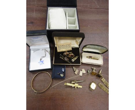 Costume jewellery inc rolled gold bangle, silver Swarovski crystal necklace, various cufflinks, tie pins, watch, Rotary watch