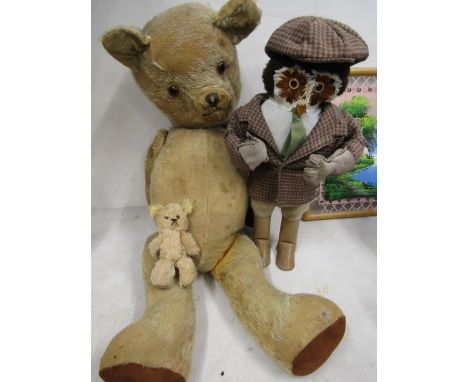 An owl figure with feather face and tweed and 2 vintage teddies&nbsp;