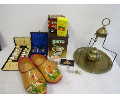 Wade Lady &amp; Tramp figures, Wooden clogs,&nbsp; vintage tins, brass tray and teapot, cutlery&nbsp;