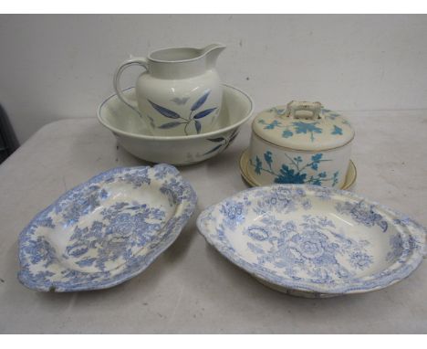 Water jug and bowl, vintage cheese dome and 2 vintage blue &amp; white dishes&nbsp;