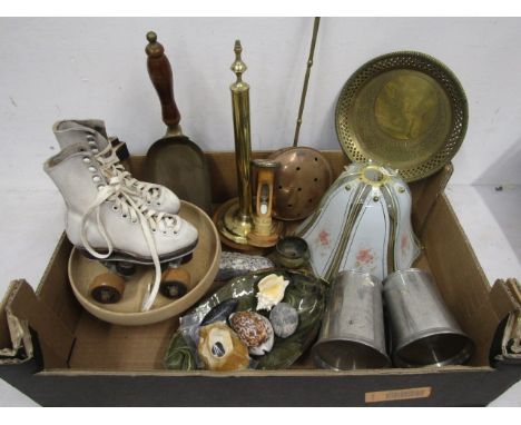 Collectors lot- baby skates, bobbin egg timer, brass wares, fossils/semi precious stones, tankards etc