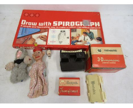 Voiew finder with Flintstones cards and transformer, Weetabix viewer, Vintage puppet, ventriloquist dolls head, monkey, Spiro
