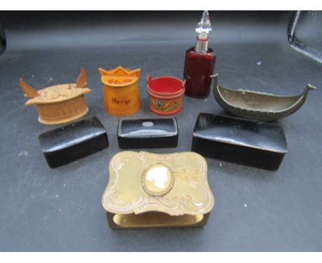 Collectors lot- Norwegian treen pieces and long boat, Victorian brass match box holder, Papier Mache snuff boxes and a glass 