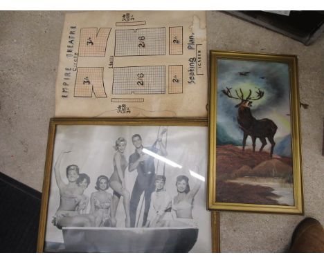 A vintage Elvis print, a stag picture painted on glass with oil background and an old theatre seat plan found in back of Elvi
