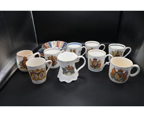 Collection of 9 royal commemorative mugs from 1935 onwards, plus a vintage lushan library bowl and plate.