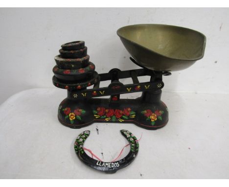 Vintage Barge ware scales, weights and a horse shoe