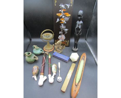 Collectors lot - brass compass, Oriental MOP picture, vintage pipes, harmonica etc etc&nbsp;