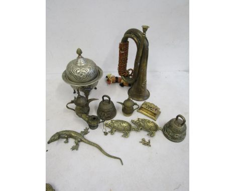 Brass bugle, animals, white metal lidded pot and bells&nbsp;