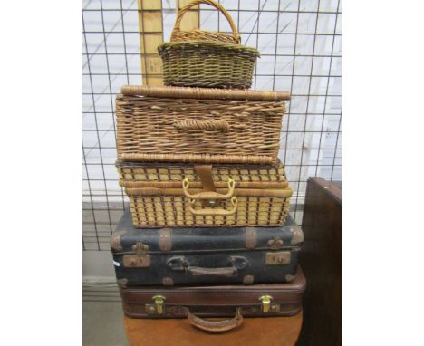 Baskets and 2 vintage suitcases