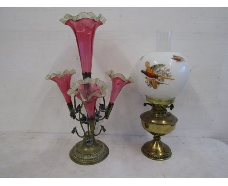 Cranberry glass epergne and pheasant globe brass based oil lamp with funnel&nbsp;