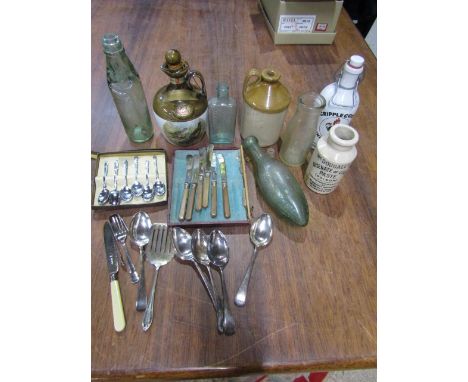 Vintage glass bottles, 'Poison' bottle, scrumpy bottles and various cutlery&nbsp;