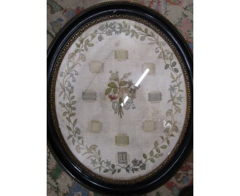A&nbsp; vintage embroidery in oval frame- small tear to right side 40x48cm