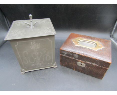Svensk Tenn C1930 pewter tea caddy by Estrid Erikson (founder of Svensk Tenn) and a Victorian leather covered card box&nbsp;