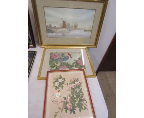 Jason Partner print and 2 Oriental silk paintings&nbsp;