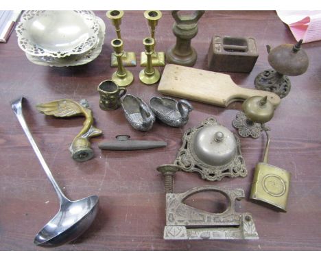 Collectors lot- car mascot winged maiden, table bells, vintage stapler with embossed detail, oil can etc