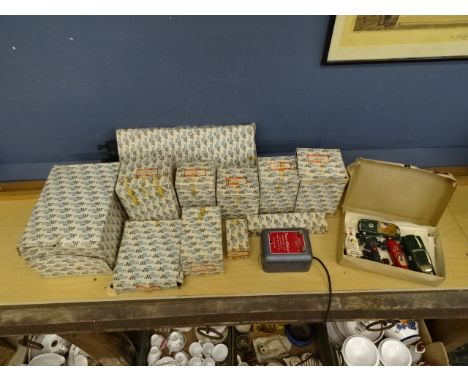Vintage Scalextric set, cars, and boxed buildings etc listed in images