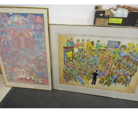 'The Procession' framed poster and 'The Orchestra' signed print (glass has cracked across whole frame)