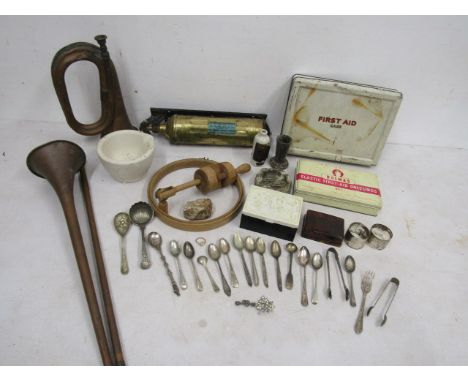 Collectors lot- bugle, copper horn, brooches, collectable spoons, Bakelite trinket box, First aid kits etc