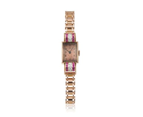 Ebel, montre-bracelet en or rose 750 sertie de diamants et de rubis, années 1940Mouvement: cal. 50, mécaniqueBoîtier: n°44257