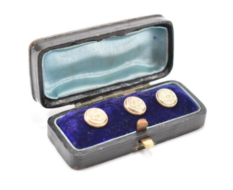 Set of three vintage gold plated masonic dress buttons. Each button of round form with Masonic symbol to centre &amp; surroun