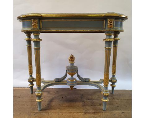 A 19th century style painted console table, with a marble top, on carved, turned and reeded legs united by a stretcher, 120 c