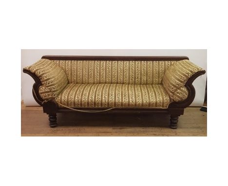 A 19th century mahogany sofa, with scroll arms, 220 cm wideTop rail loose and will come off, fabric worn in places and fillin