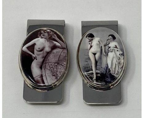 A silver and enamel money clip, decorated a nude, and another (2)This is a modern copy 