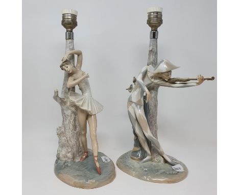 A Lladro lamp base, in the form of a ballerina, and another in the form of a jester playing the violin, 39 cm highBallerina -