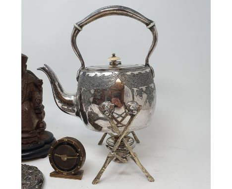 A silver plated teapot on stand and various other metalwares (box) 