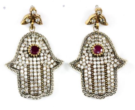 A pair of 925 silver gilt ruby and white stone set drop earrings, L. 3.8cm.