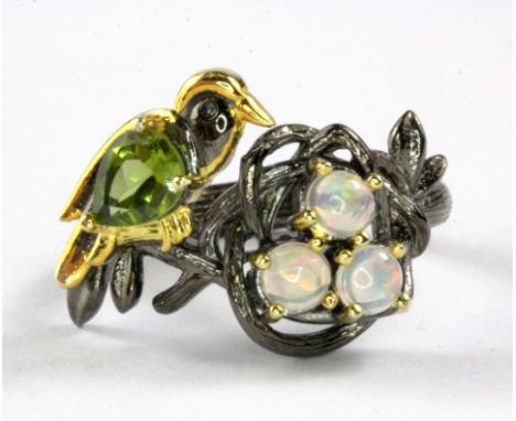A 925 silver gilt opal and peridot set ring, (R).