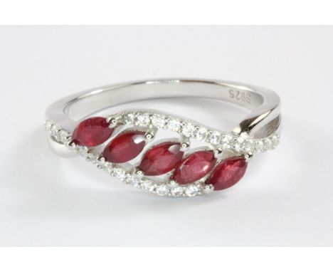 A 925 silver ruby and white stone set ring, (S).