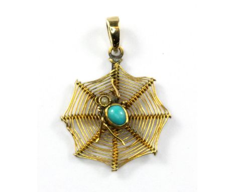 A 9ct yellow gold turquoise and pearl set spider web pendant, L. 2.6cm.