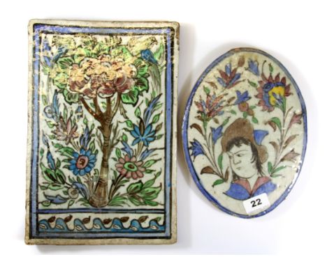 Islamic interest. Two hand painted Eastern ceramic tiles, 22 x 33cm, 20 x 26cm.