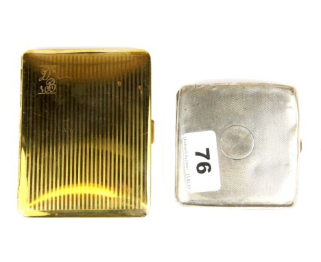 A hallmarked silver cigarette case with engine turned decoration together with a gold plated cigarette case, silver case 8 x 