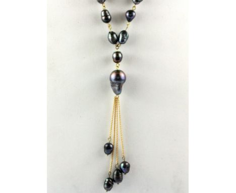 A large yellow metal and black cultured pearl necklace, L. 55cm.