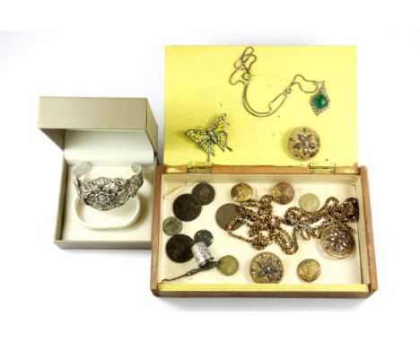 A filigree white metal bangle and a quantity of mixed items.