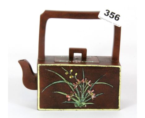 An unusual Chinese hand enamelled Yixing terracotta teapot, H. 14.5cm.