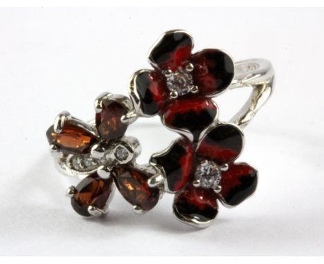 A 925 silver enamel and smokey quartz set ring, (R.5).