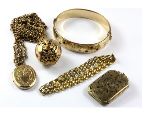 A 1/5 9ct gold garnet set bangle and other yellow metal jewellery.