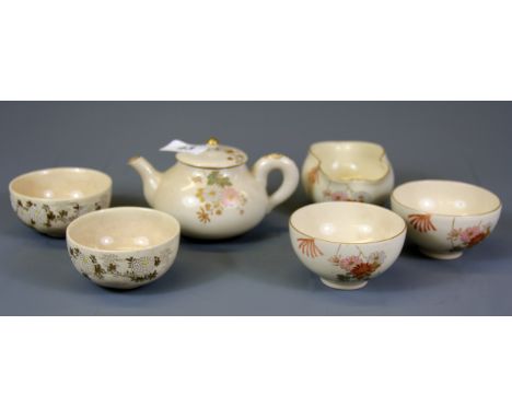 A small Japanese Kutani three piece tea set with additional bowl and two further cups, teapot H. 8cm.