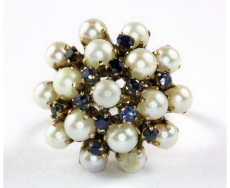 A 14ct yellow gold (stamped 14k) sapphire and pearl set large cluster ring, (Q.5).