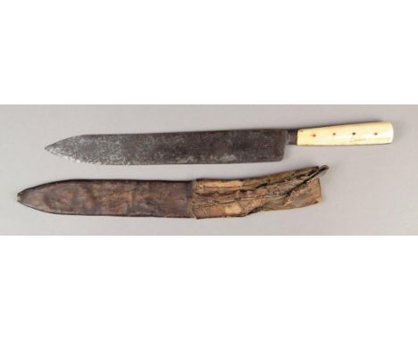 A Canadian knife and scabbard 19th century with a steel blade with the remains of a tent trade mark and with bone scales to t