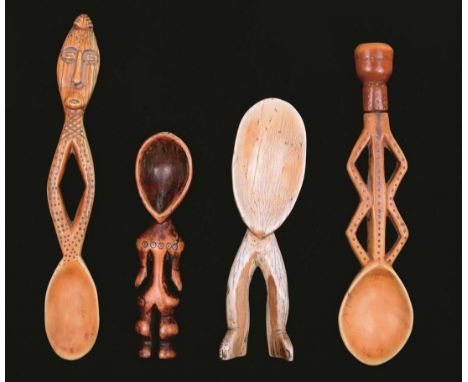 λ  Four Lega spoons Democratic Republic of Congo ivory, of anthropomorphic and cephalomorphic form, one with a detachable fin