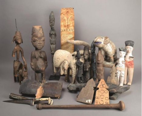 λ A collection of Yoruba animals and figures Nigeria wood, including a leopard box and cover, 30.5cm high, a leaping rabbit, 