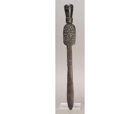 A Massim lime spatula Trobriand Islands, Papua New Guinea wood, with a mortar finial with a pierced rim, the carving with lim